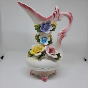 Vintage Decorative Pitcher Pink, Blue and Yellow flowers